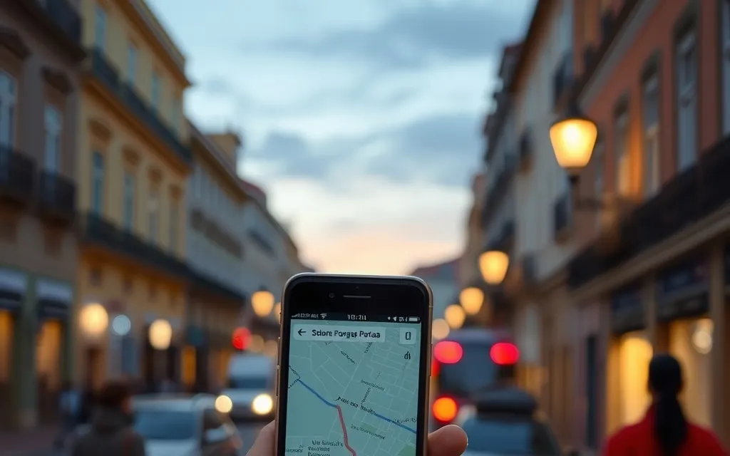 Telemóvel com um mapa numa rua ao fim da tarde