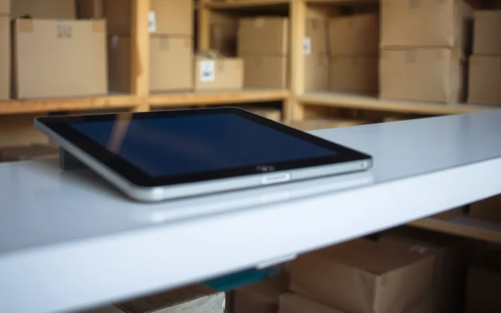 Armazém pequeno com prateleiras e um tablet