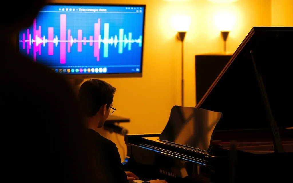 Pianista num estúdio ao lado de um ecrã com ondas sonoras