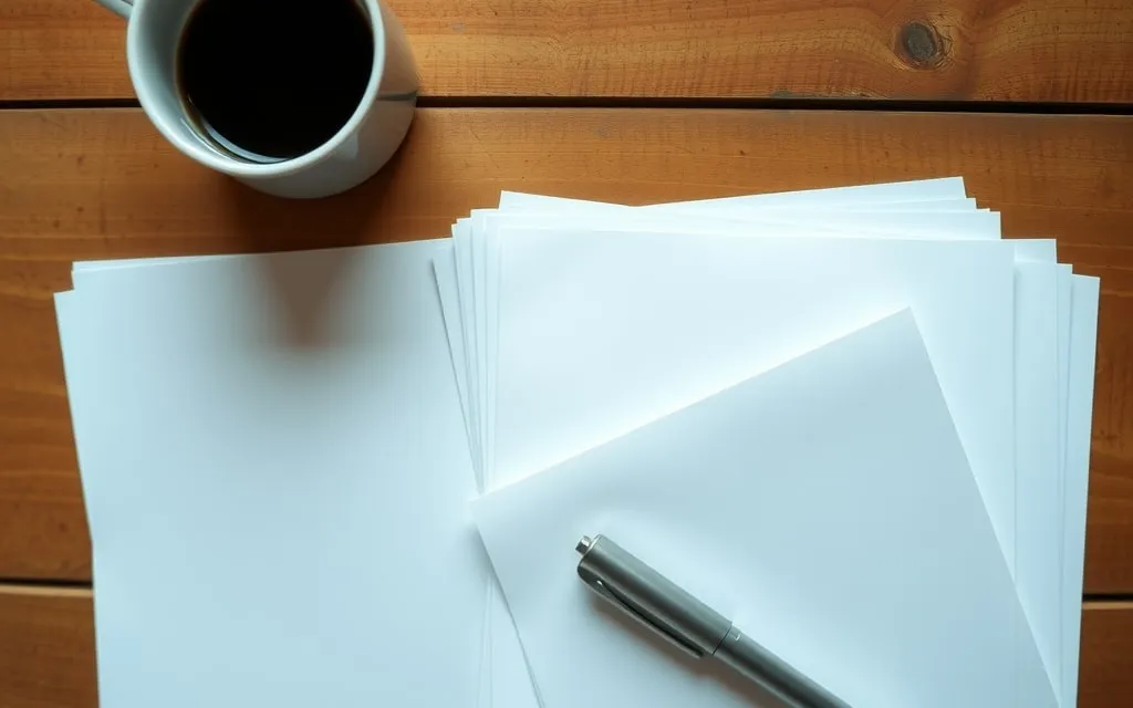 Folhas de papel e caneta numa mesa de madeira