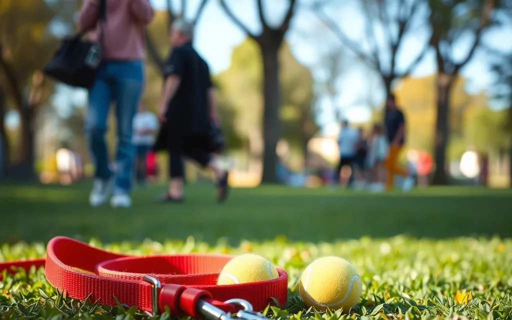 Trela e bolas de ténis na relva de um parque