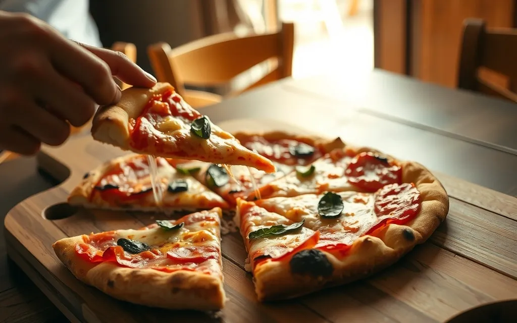 Pizza cortada em fatias numa tábua
