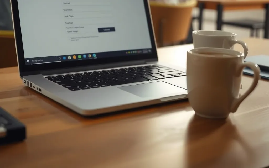 Portátil com um formulário e uma chávena de café