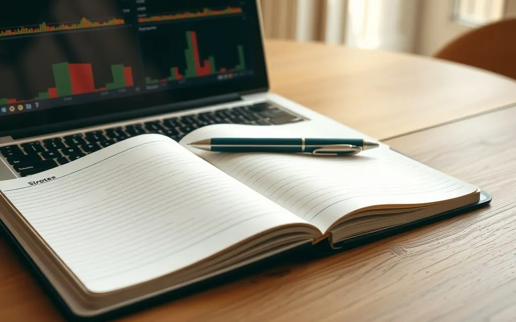 Caderno aberto ao lado de um portátil com gráficos