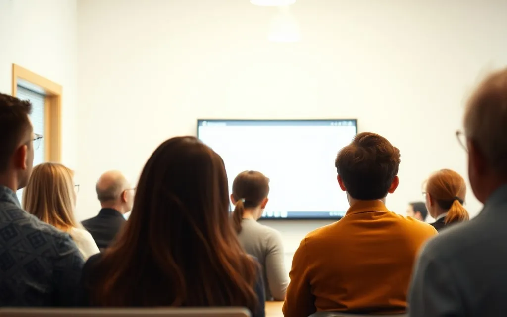 Sala de formação com pessoas de costas à volta de uma mesa