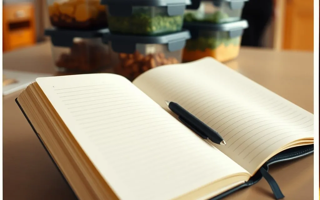 Caderno aberto ao lado de marmitas