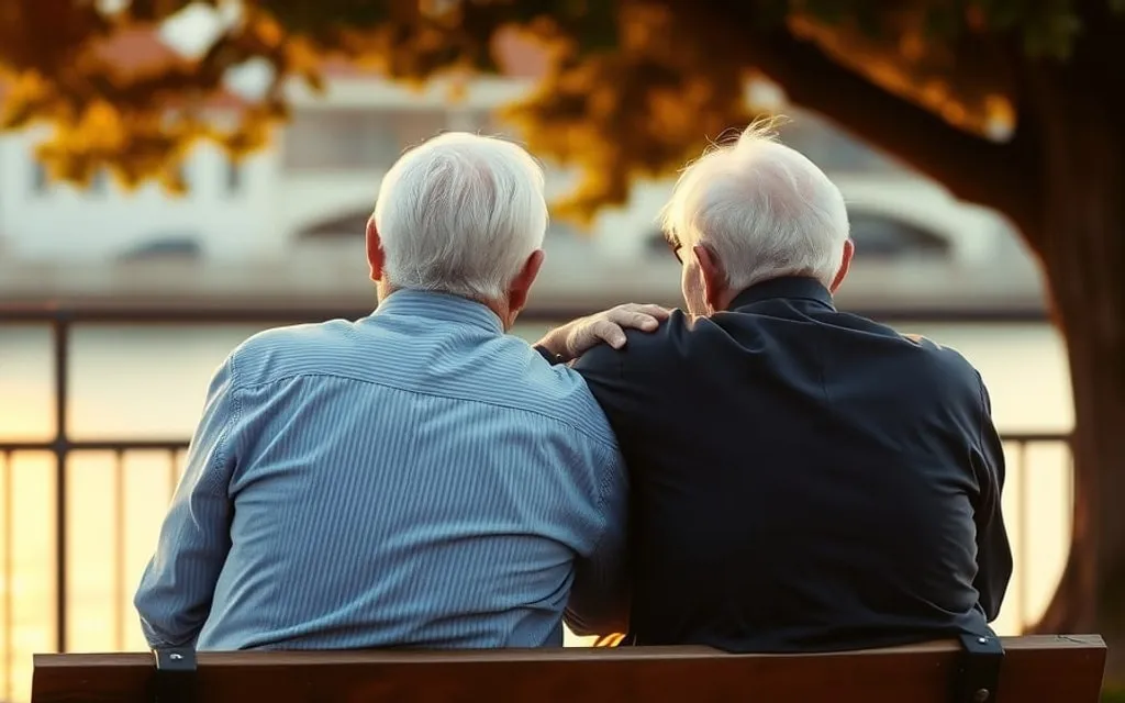 Dois amigos num banco junto ao rio, de costas
