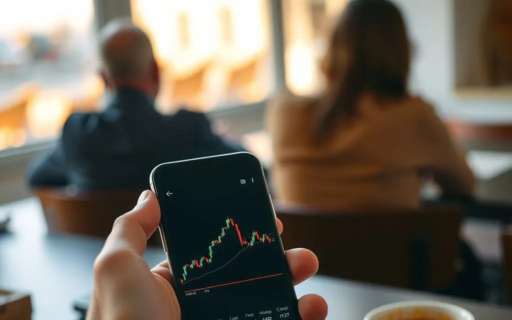 Mão a segurar um telemóvel com um gráfico de ações