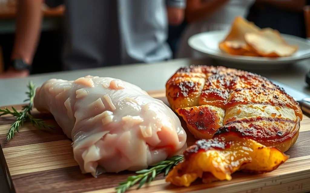 Peito de frango cru ao lado de um cozinhado