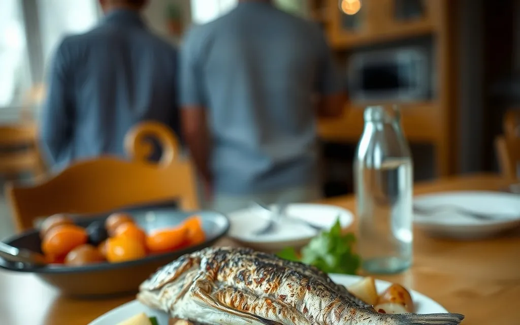 Refeição caseira com peixe grelhado