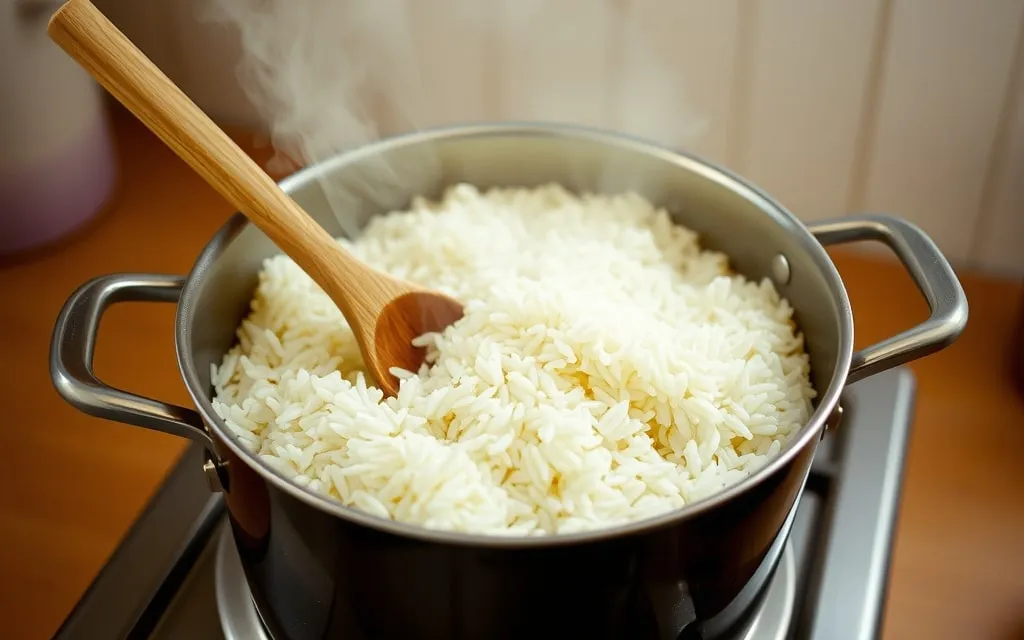 Panela com arroz acabado de cozer