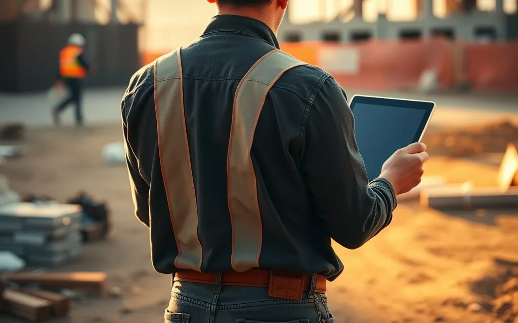 Trabalhador de capacete com um tablet numa obra
