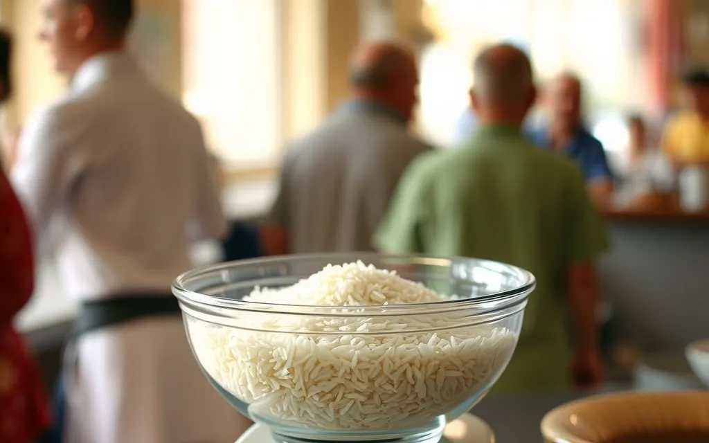 Arroz cru numa balança de cozinha