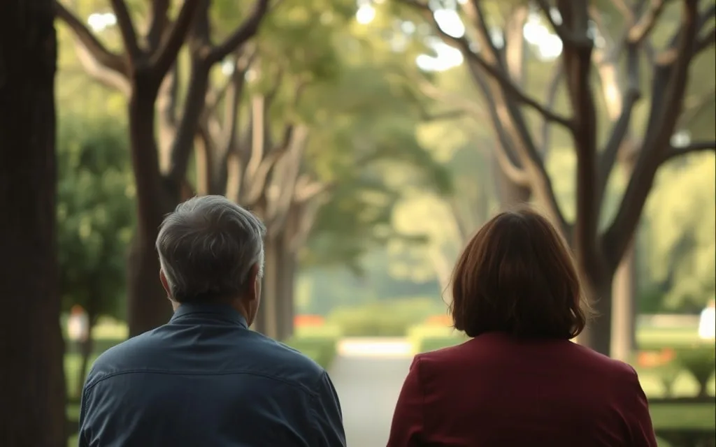 Duas pessoas a conversar num banco de jardim